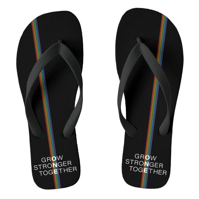 Grow Stronger Together Rainbow Stripe Black Flip Flops (Footbed)