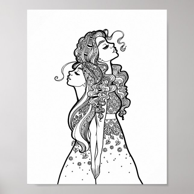 Grow Together - Mother Daughter Line Art Portrait Poster (Front)