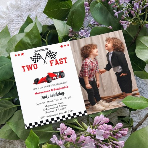 grow up too fast race car twin boys 2nd birthday i invitation