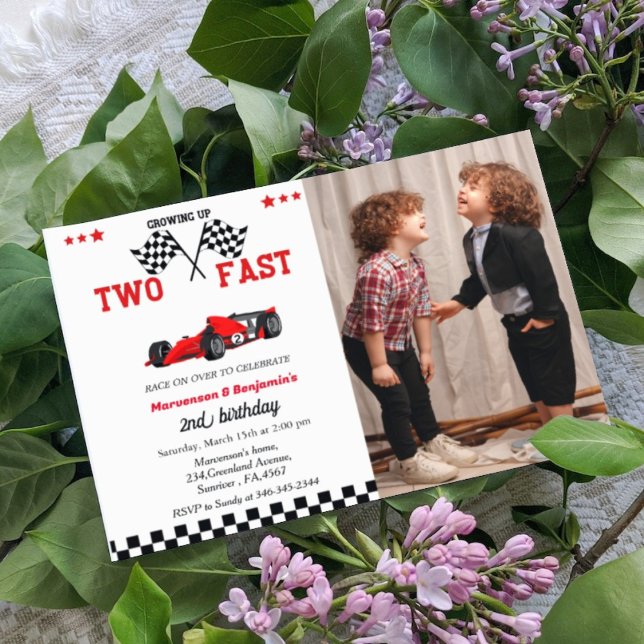 grow up too fast race car twin boys 2nd birthday i invitation (Creator Uploaded)