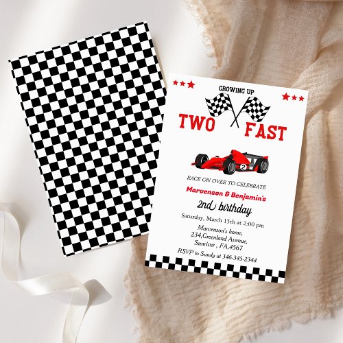 grow up too fast race car twin boys 2nd birthday invitation