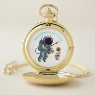 "Grow Where You Are Planted" Retro Astronaut & Sun Pocket Watch