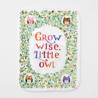 Grow wise little owl watercolor art baby burp cloth