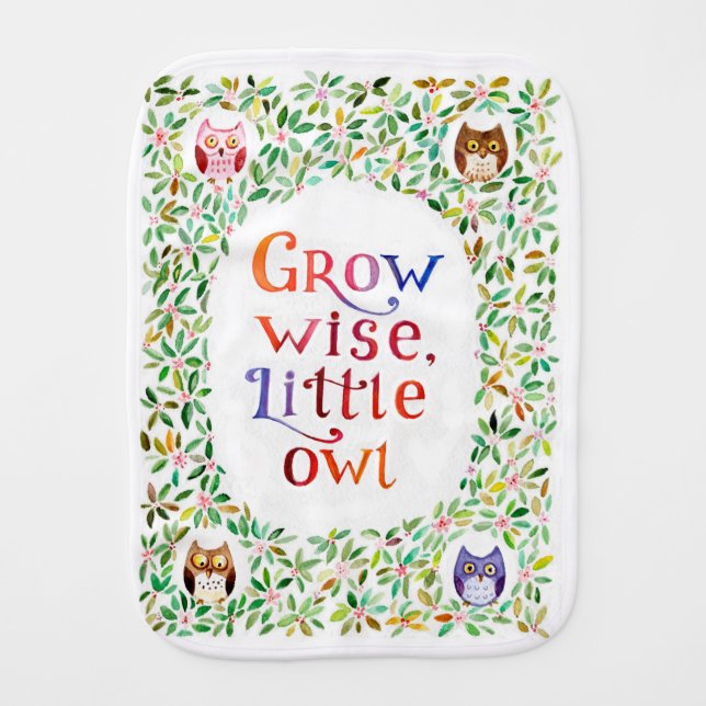 Grow wise little owl watercolor art baby burp cloth (Front)