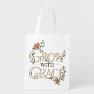 Grow With Grace Botanical Floral Lettering Grocery Bag