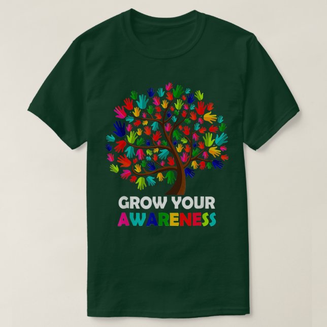 Grow Your Awareness Rainbow Tree Hand Autism Aware T-Shirt (Design Front)
