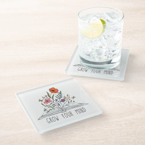 Grow Your Mind Boho Wildflower and Book Glass Coaster
