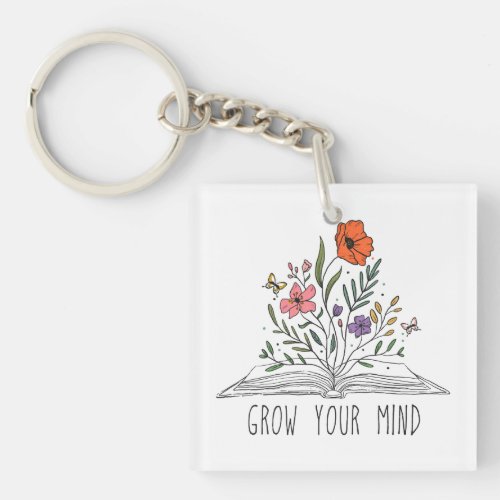 Grow Your Mind Boho Wildflower and Book Keychain