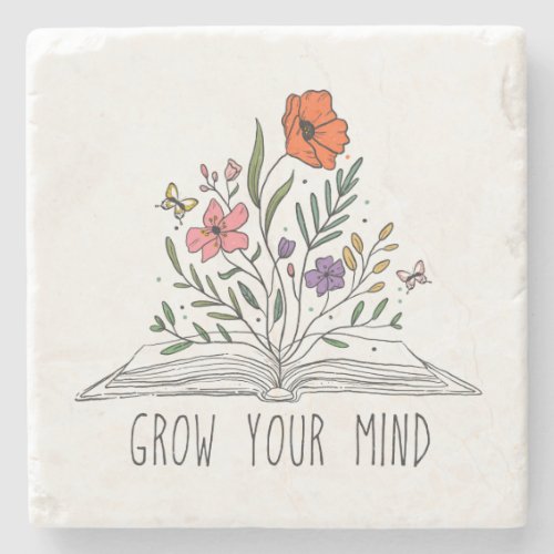 Grow Your Mind Boho Wildflower and Book Stone Coaster