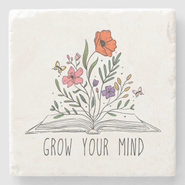 Grow Your Mind Boho Wildflower and Book Stone Coaster (Front)