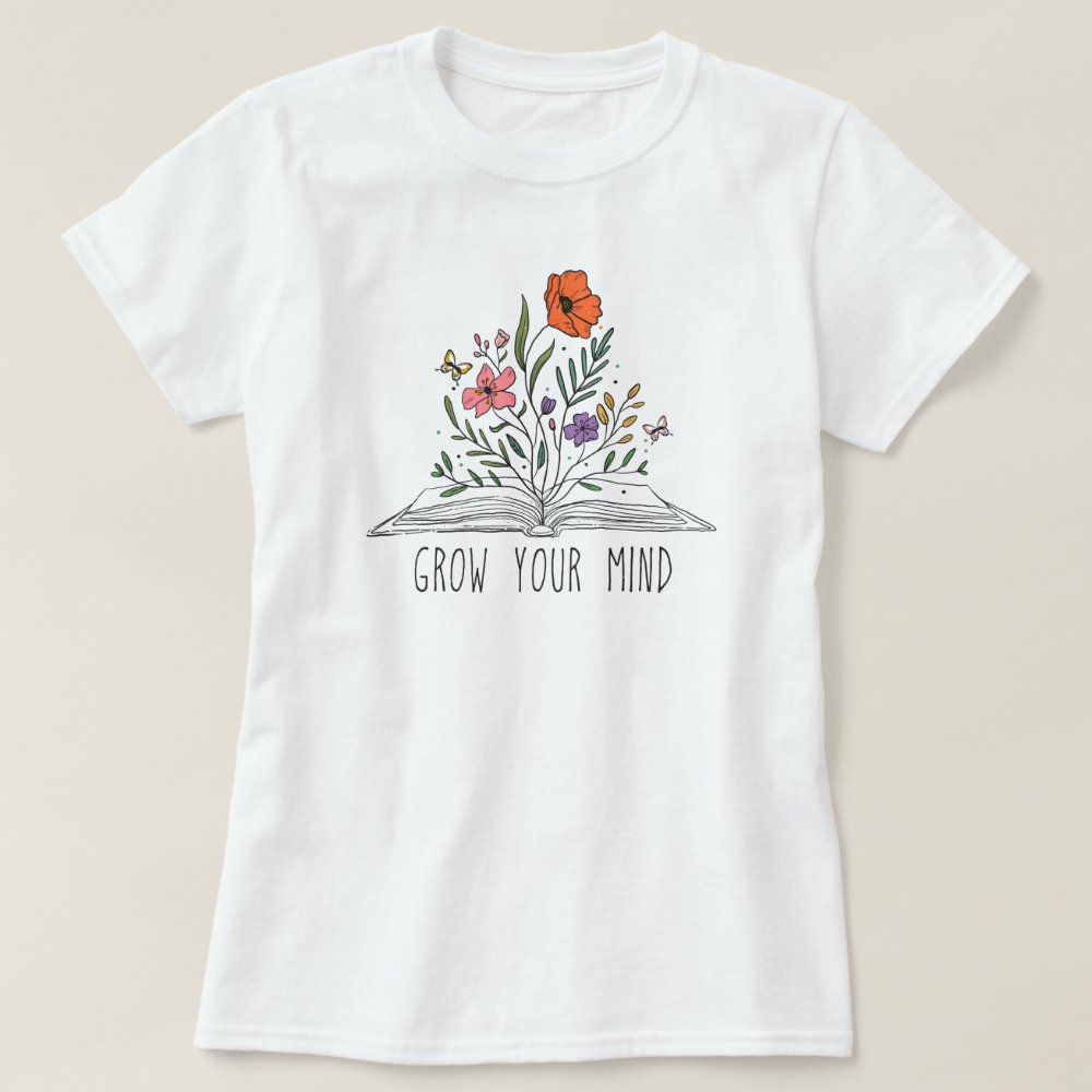 Grow Your Mind Boho Wildflower and Book T-Shirt