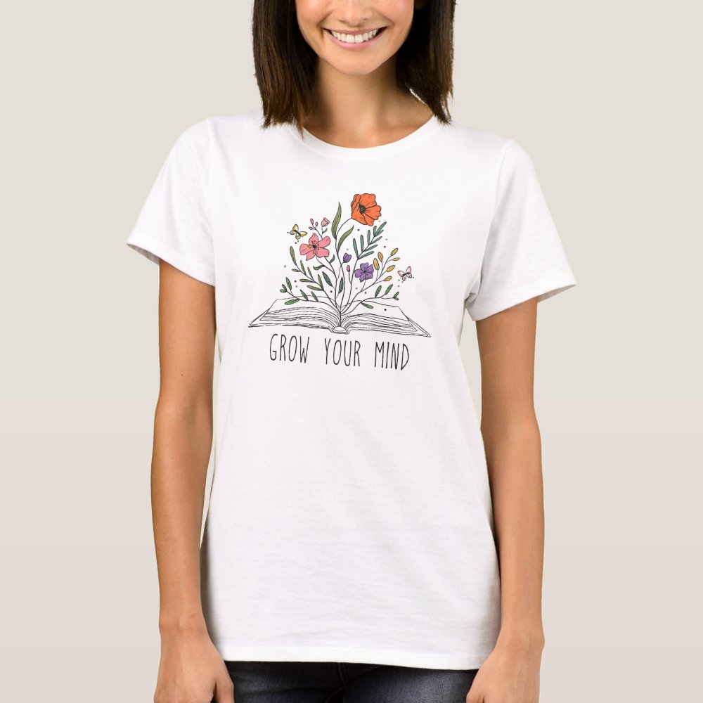 Grow Your Mind Boho Wildflower and Book T-Shirt