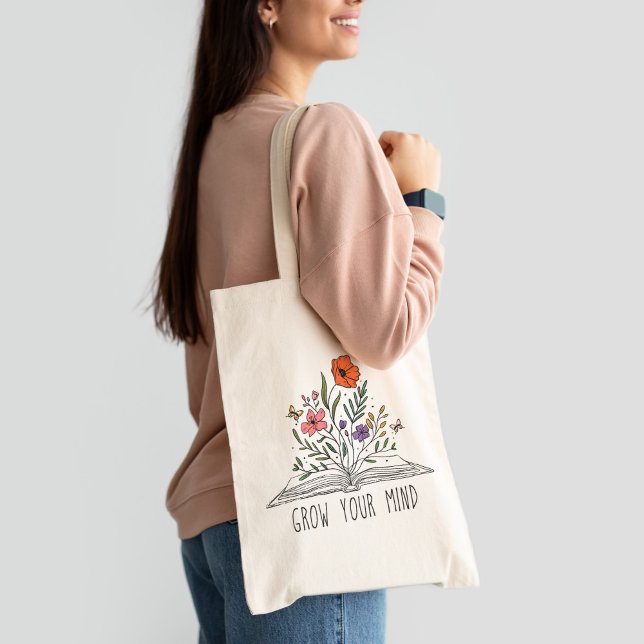 Grow Your Mind Boho Wildflower and Book Tote Bag (Creator Uploaded)