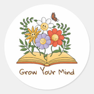 Grow Your Mind Book Floral Vintage Reading Flowers Classic Round Sticker
