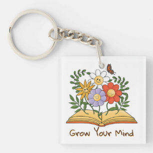 Grow Your Mind Book Floral Vintage Reading Flowers Keychain