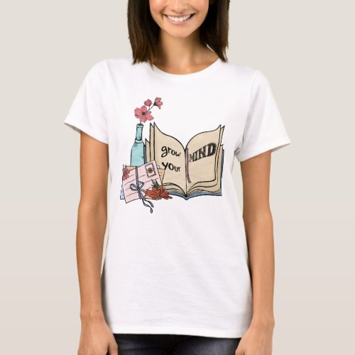Grow your mind book letters flowers vase T_Shirt