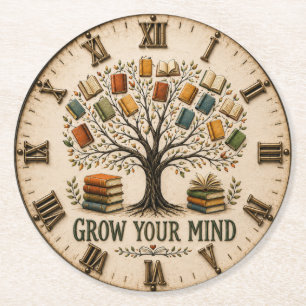 Grow Your Mind Book  Reading Teacher Gift Round Paper Coaster