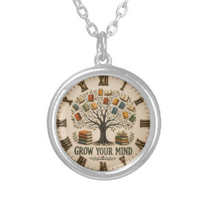 Grow Your Mind Book Reading Teacher Gift Silver Plated Necklace