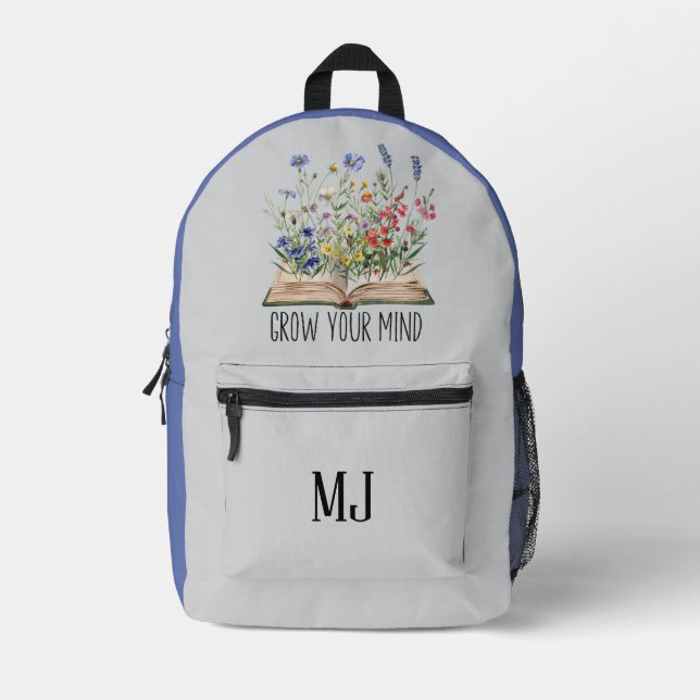 Grow Your Mind Floral Book Inspirational Quote Printed Backpack (Front)