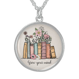 Grow your mind personalized books flowers sterling silver necklace