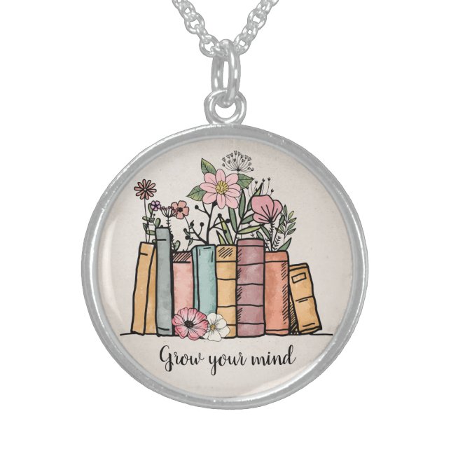 Grow your mind personalized books flowers sterling silver necklace (Front)