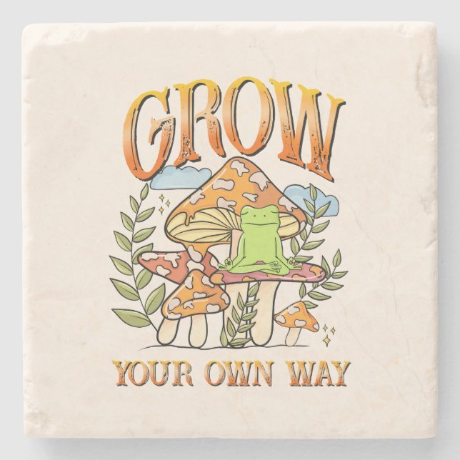 "Grow Your Own Way" | Meditating Frog & Mushroom Stone Coaster (Front)