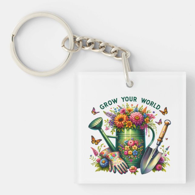 Grow Your World Floral Garden Design Keychain (Front)