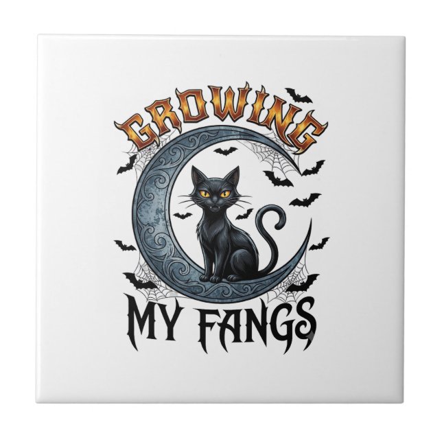Growing Fangs Black Cat Crescent Moon Bats Hallowe Ceramic Tile (Front)