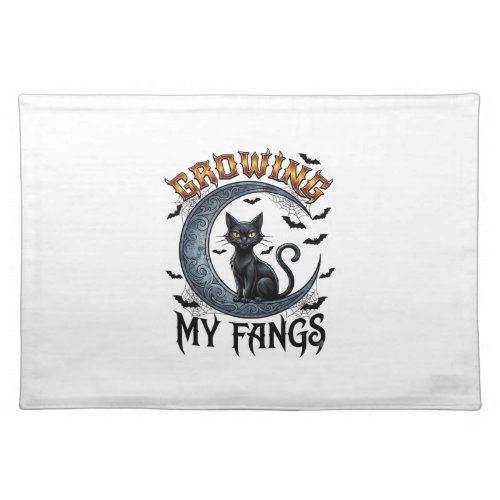 Growing Fangs Black Cat Crescent Moon Bats Hallowe Cloth Placemat
