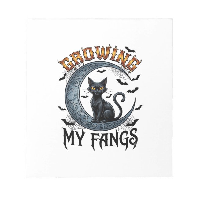 Growing Fangs Black Cat Crescent Moon Bats Hallowe Notepad (Front)