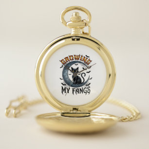 Growing Fangs Black Cat Crescent Moon Bats Hallowe Pocket Watch
