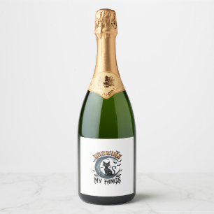 Growing Fangs Black Cat Crescent Moon Bats Hallowe Sparkling Wine Label