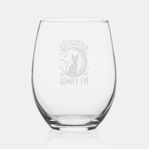 Growing Fangs Black Cat Crescent Moon Bats Hallowe Stemless Wine Glass
