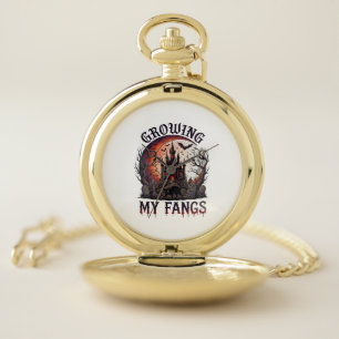 Growing Fangs Halloween Haunted Castle Black Cat M Pocket Watch