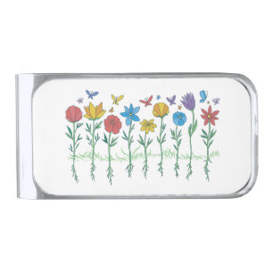 Growing flowers design silver finish money clip