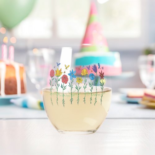Growing flowers design stemless wine glass