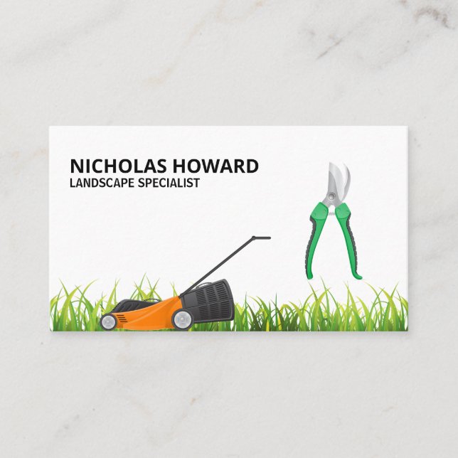 Growing Grass | Lawn Mower | Gardening Shears Business Card (Front)