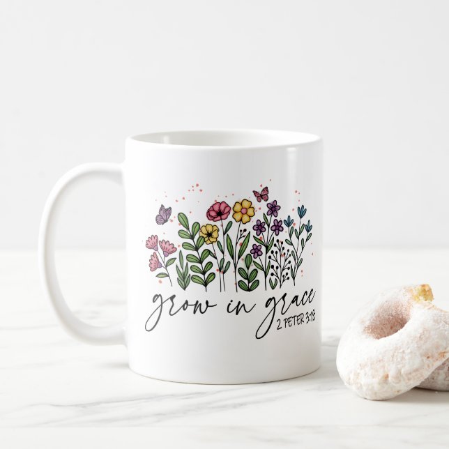  Growing In Grace Floral Christian Quote  Coffee Mug (With Donut)