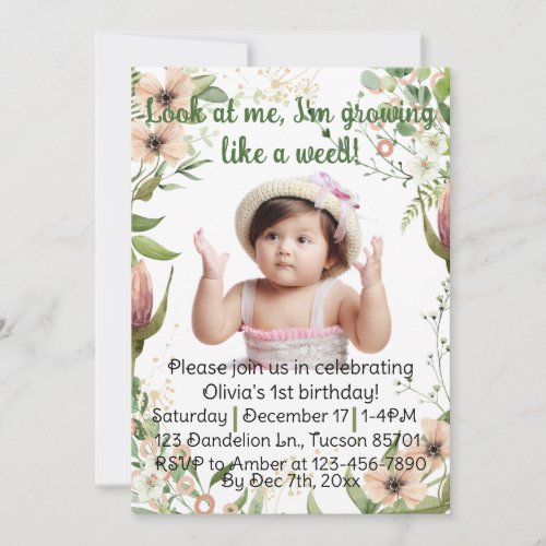 Growing like a weed girl first birthday invitation