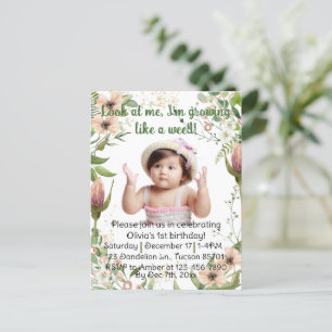 Growing like a weed, girl first birthday, postcard