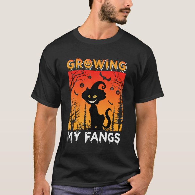 Growing my fangs scary black cat bat Pumpkin tree T-Shirt (Front)