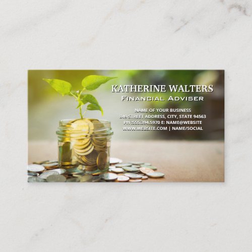 Growing Plant in Jar of Coins  Finance Business Card