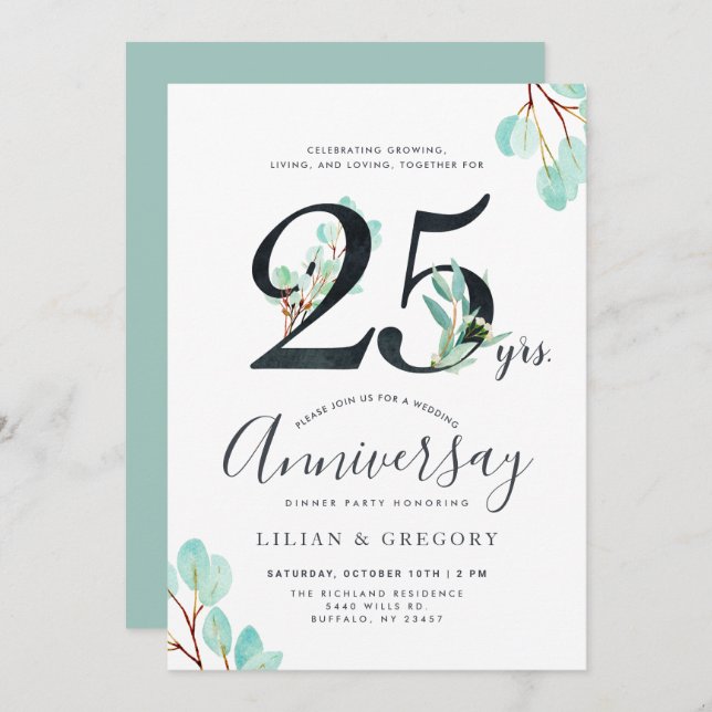 Growing Together 25th Anniversary Eucalyptus Theme Invitation (Front/Back)