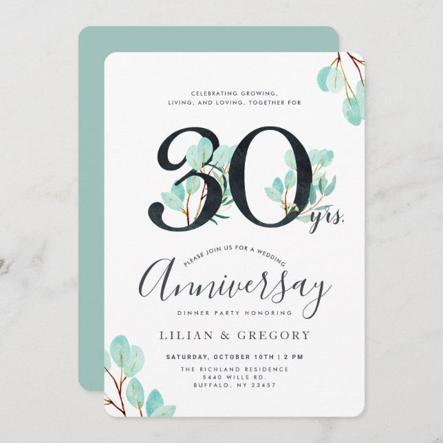 Growing Together 30th Anniversary Eucalyptus Theme Invitation (Front/Back)