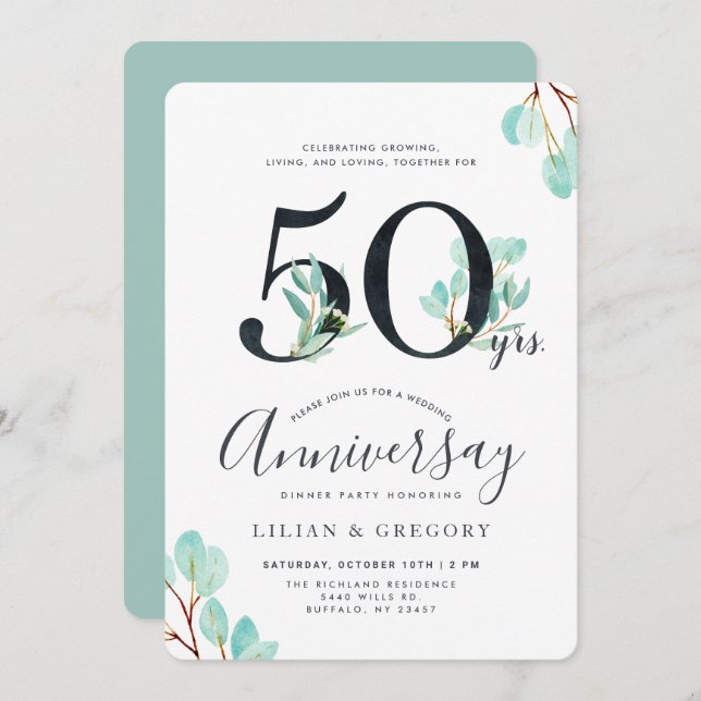 Growing Together 50th Anniversary Eucalyptus Theme Invitation (Front/Back)
