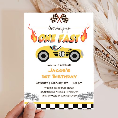Growing Up One Fast Red Race Car 1st Birthday Invitation