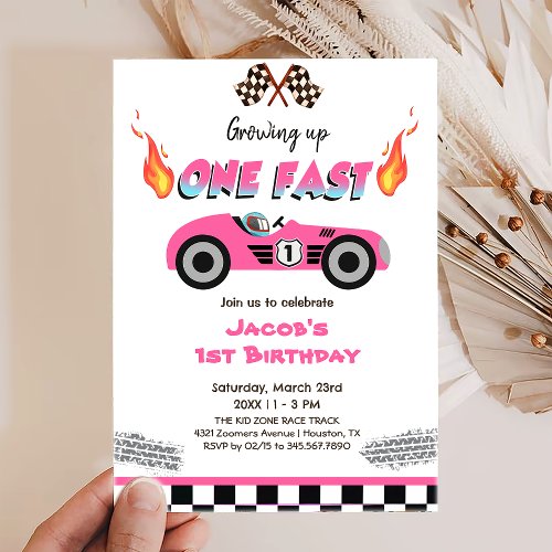 Growing Up One Fast Red Race Car 1st Birthday Invitation