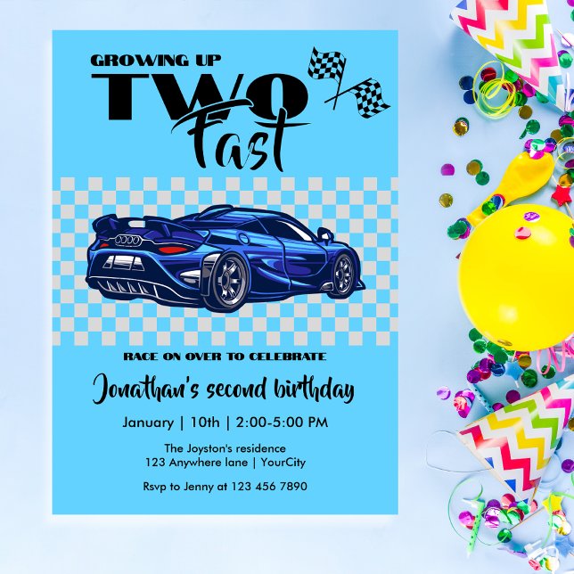 Growing Up To Fast 2nd birthday Blue Sports Car Invitation (Creator Uploaded)