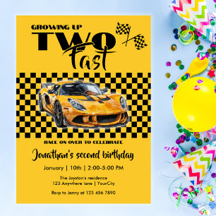 Growing Up To Fast 2nd birthday  Yellow Sports Car Invitation