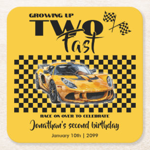 Growing Up To Fast 2nd birthday Yellow Sports Car Square Paper Coaster